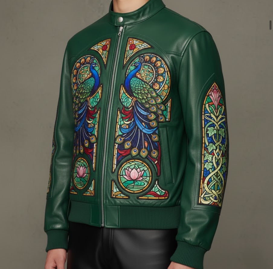 Art Nouveau stained-glass designs of peacocks and lotus flowers.