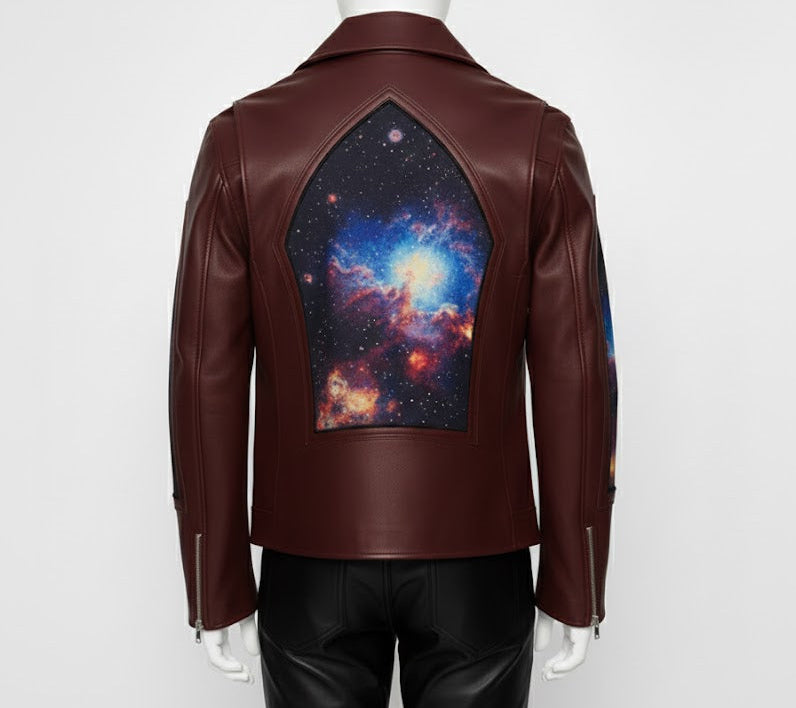 Astral Biker: Oxblood Leather & Galaxy Panel Jacket