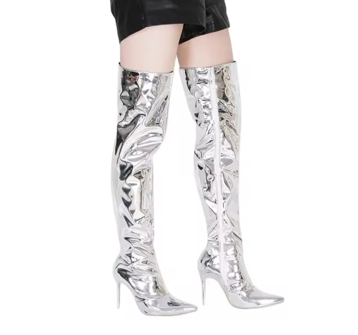 Women Mirror Thigh High Boots T Show Pointy Toe Thin High Heels