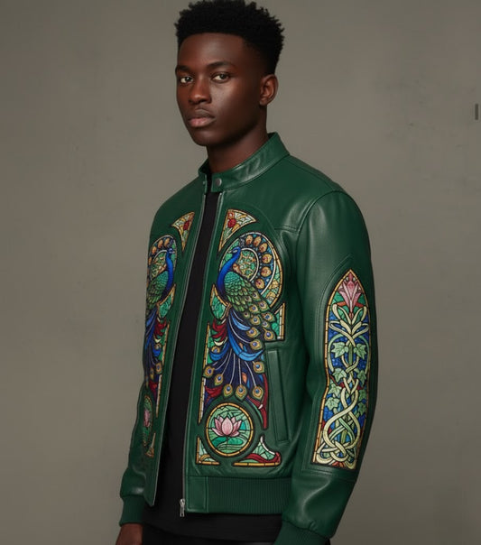 Art Nouveau stained-glass designs of peacocks and lotus flowers.