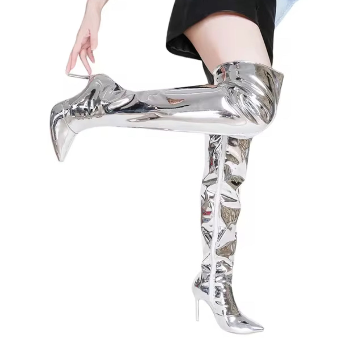 Women Mirror Thigh High Boots T Show Pointy Toe Thin High Heels