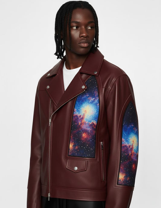 Astral Biker: Oxblood Leather & Galaxy Panel Jacket